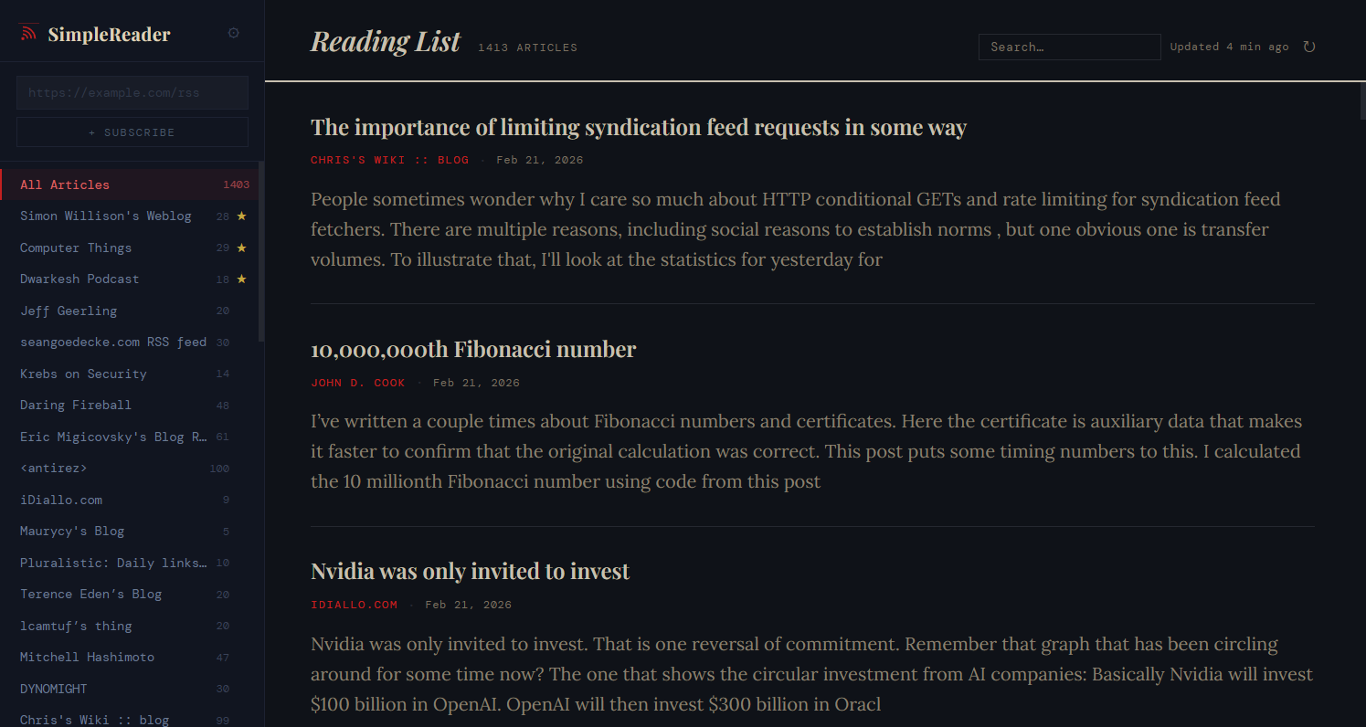SimpleReader dashboard showing feed list and articles